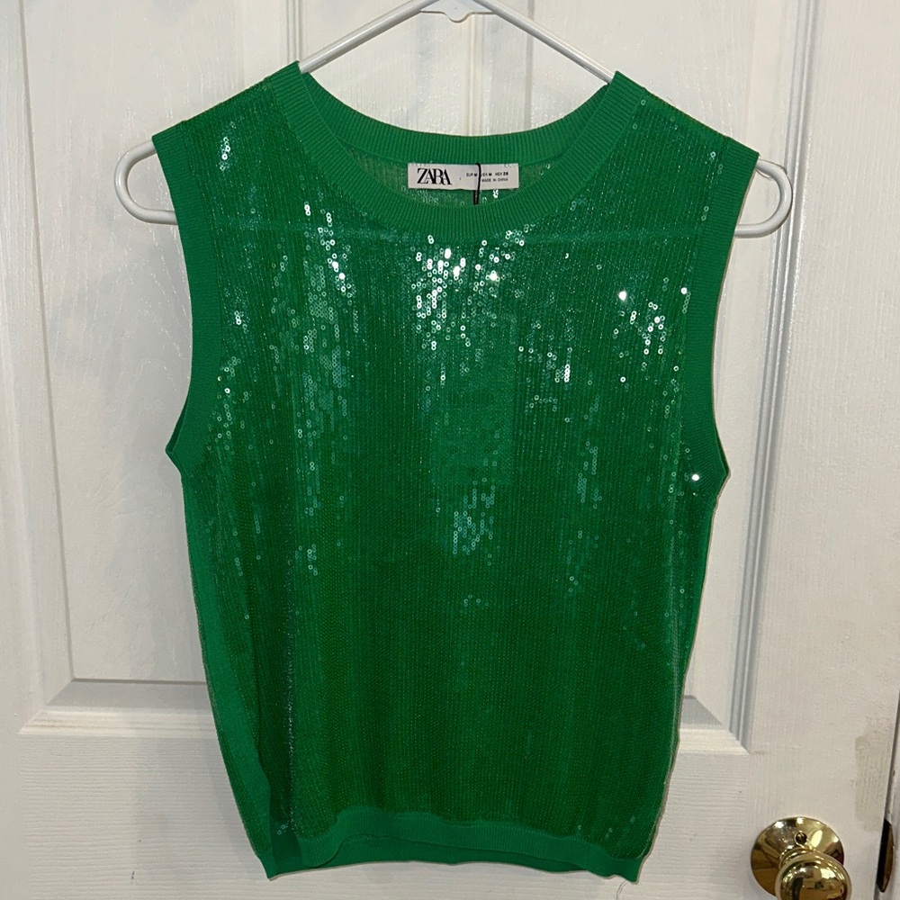 NWT Zara Emerald Green Sequin Sleeveless Tank